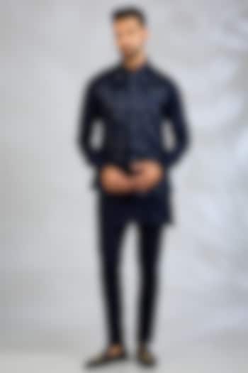Navy Blue Blended Silk Floral Embroidered Bundi Jacket Set by Spring Break Men at Pernia's Pop Up Shop