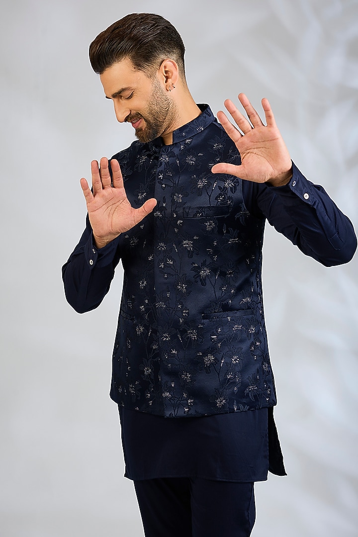 Navy Blue Blended Silk Floral Embroidered Bundi Jacket Set by Spring Break Men at Pernia's Pop Up Shop