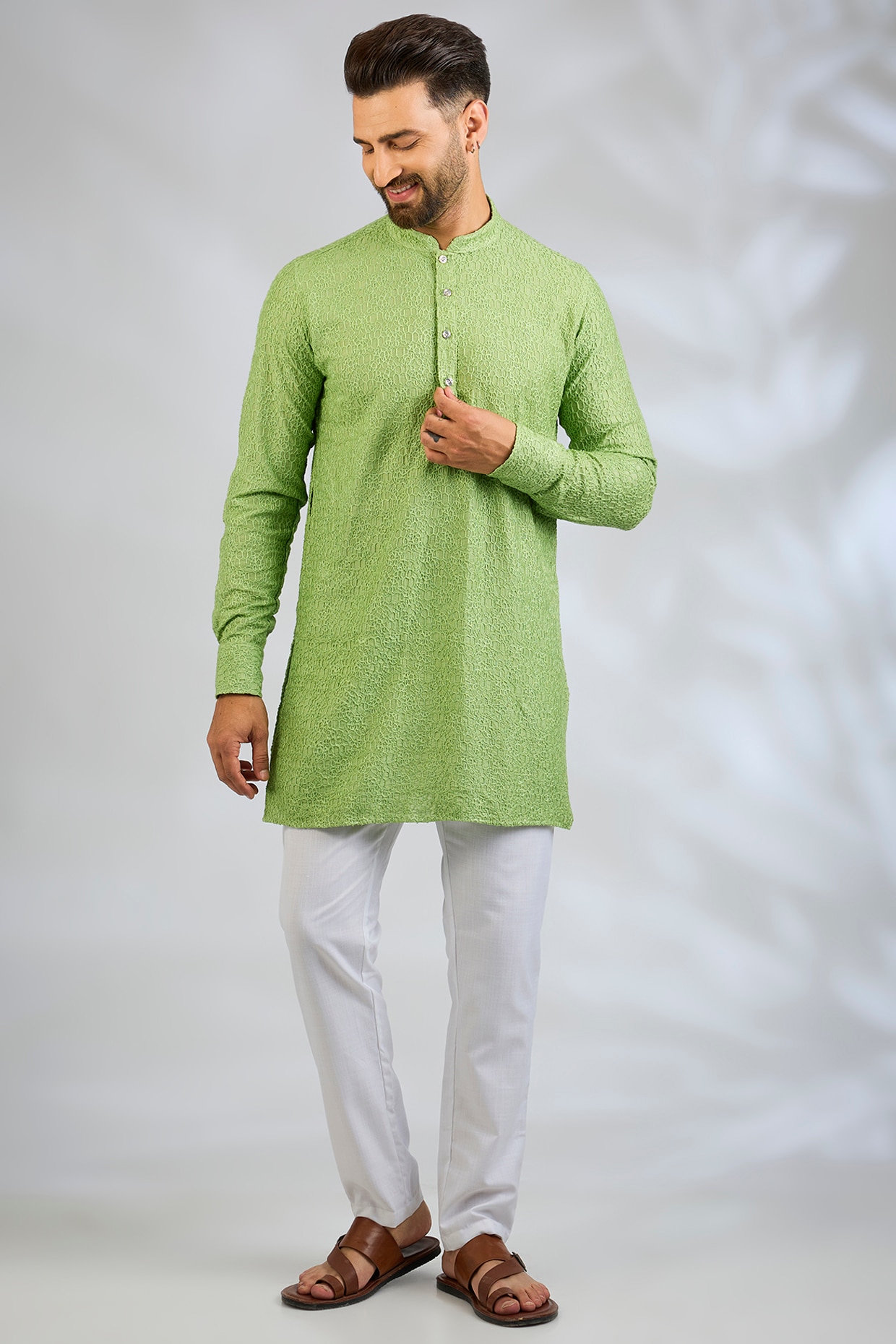 Spring Break Mint Green Blended Silk Machine Embroidered Kurta Set