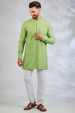Mint Green Blended Silk Machine Embroidered Kurta Set by Spring Break Men