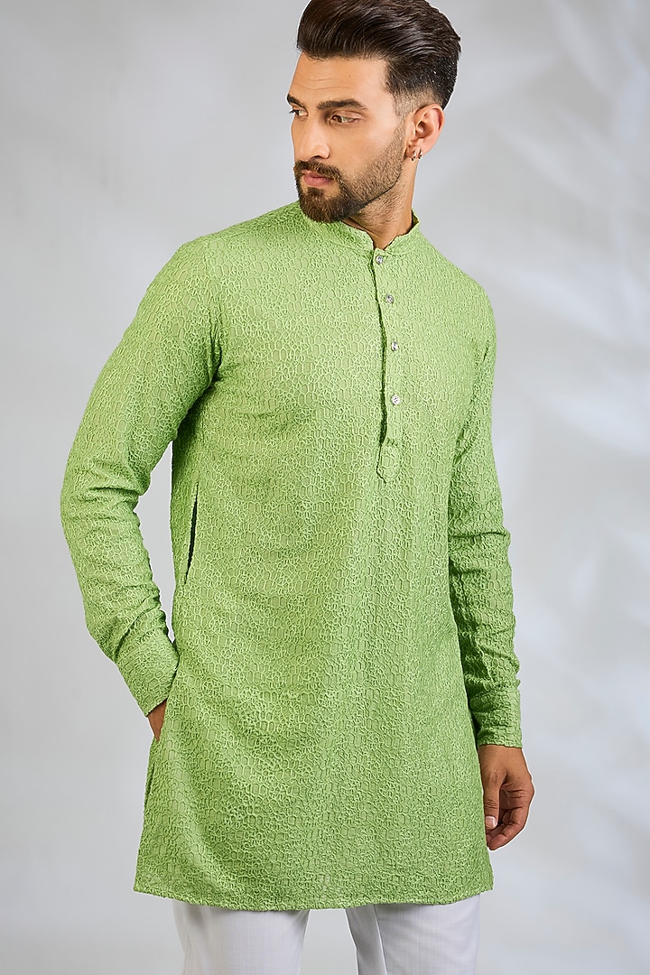 Mint Green Blended Silk Machine Embroidered Kurta Set by Spring Break Men at Pernia's Pop Up Shop