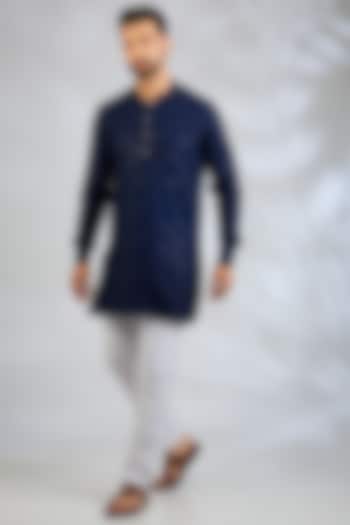 Navy Blue Blended Silk Sequin Embroidered Kurta Set by Spring Break Men at Pernia's Pop Up Shop