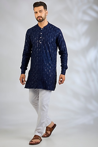 Navy Blue Blended Silk Sequin Embroidered Kurta Set by Spring Break Men