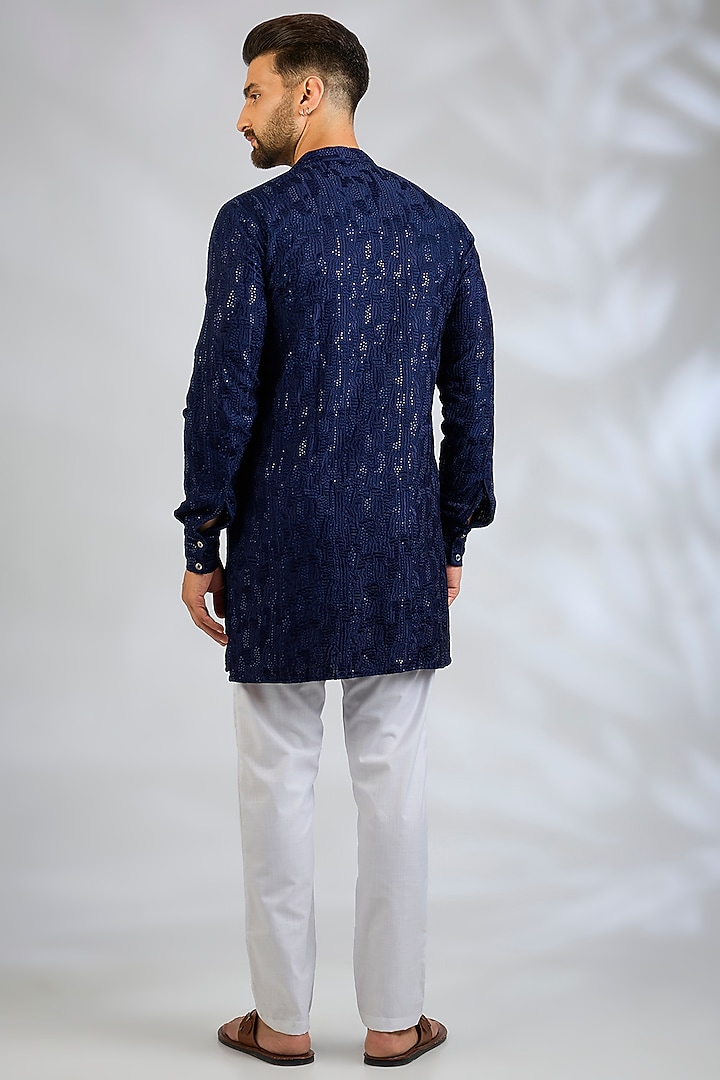 Navy Blue Blended Silk Sequin Embroidered Kurta Set by Spring Break Men at Pernia's Pop Up Shop
