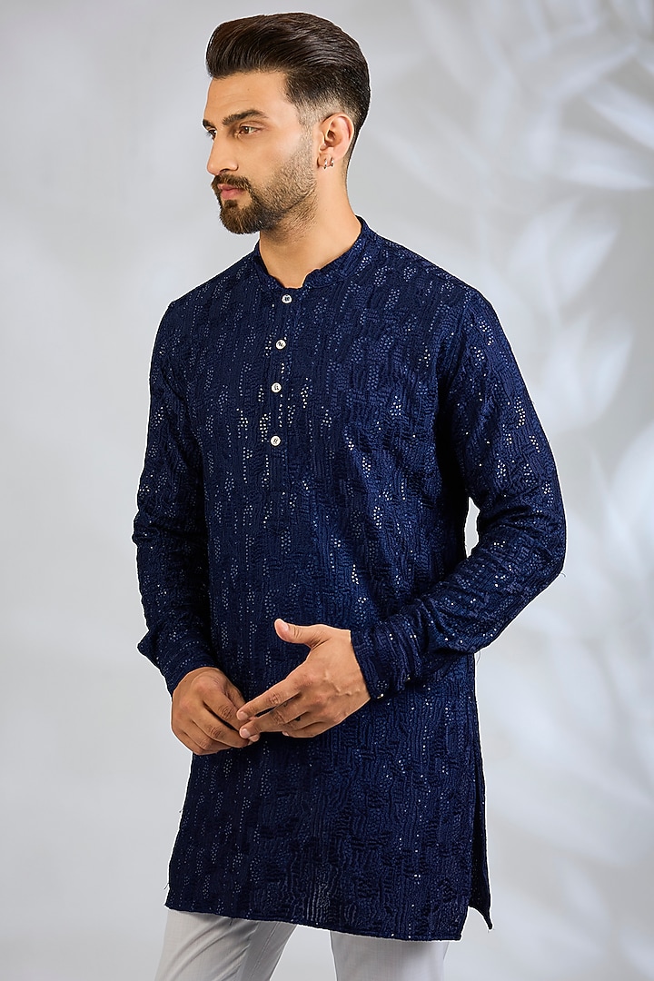 Navy Blue Blended Silk Sequin Embroidered Kurta Set by Spring Break Men at Pernia's Pop Up Shop