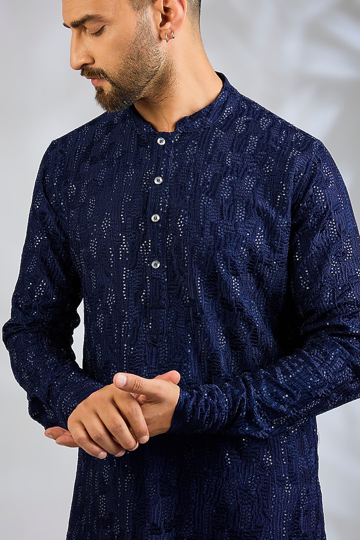 Navy Blue Blended Silk Sequin Embroidered Kurta Set by Spring Break Men at Pernia's Pop Up Shop