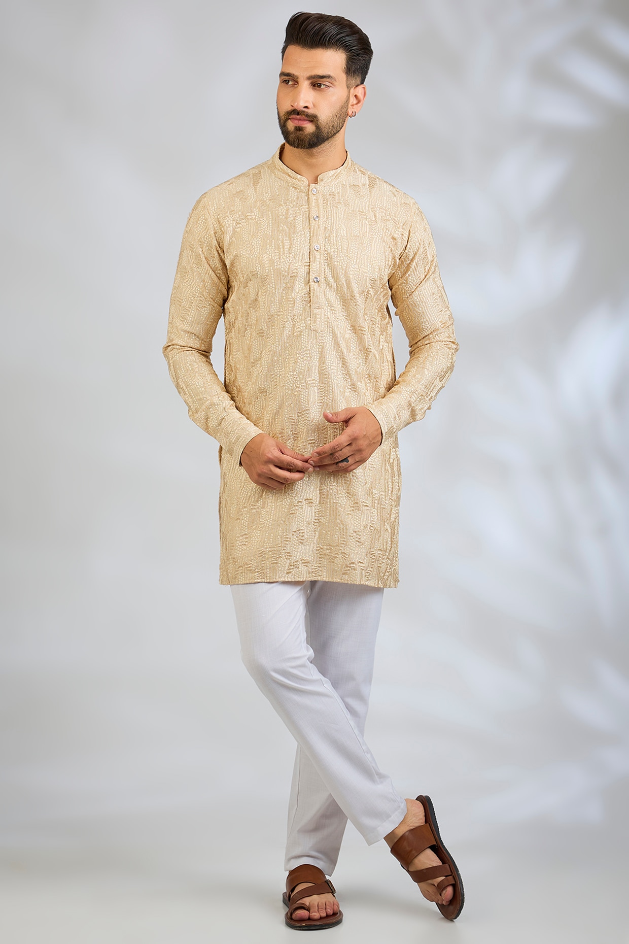 Spring Break Peach Blended Silk Sequin Embroidered Kurta Set