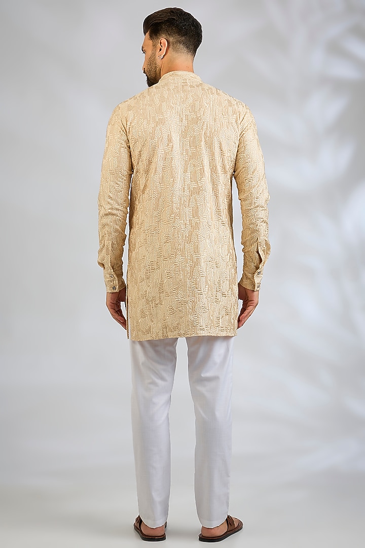Peach Blended Silk Sequin Embroidered Kurta Set by Spring Break Men at Pernia's Pop Up Shop