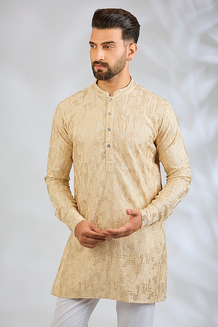 Peach Blended Silk Sequin Embroidered Kurta Set by Spring Break Men at Pernia's Pop Up Shop