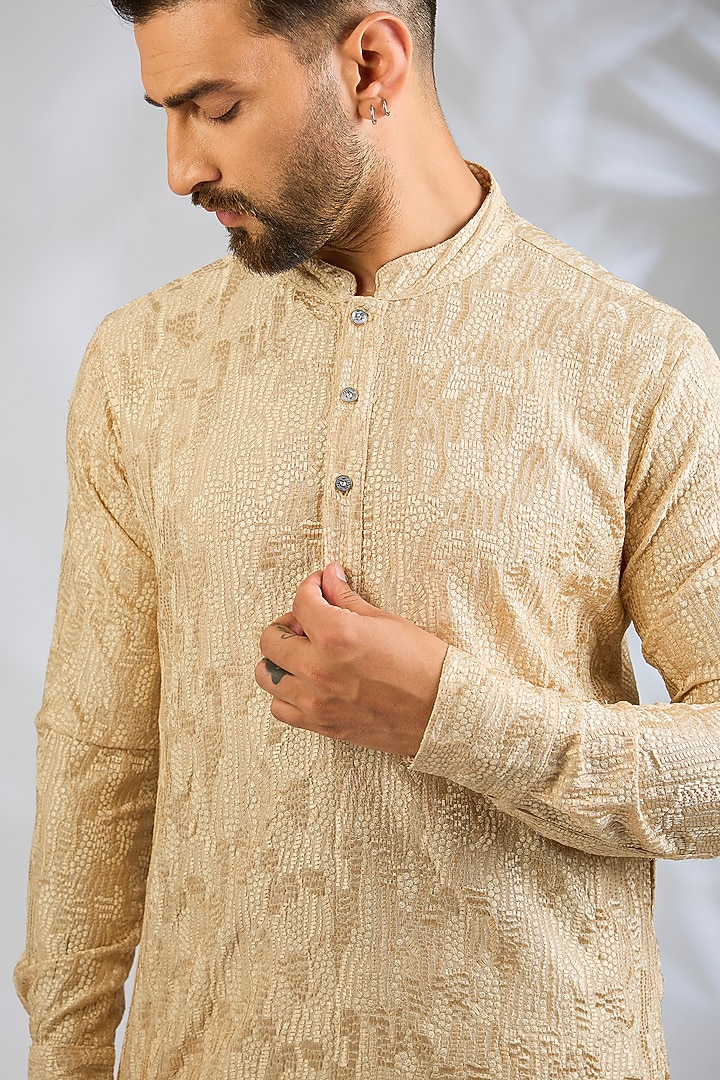 Peach Blended Silk Sequin Embroidered Kurta Set by Spring Break Men at Pernia's Pop Up Shop