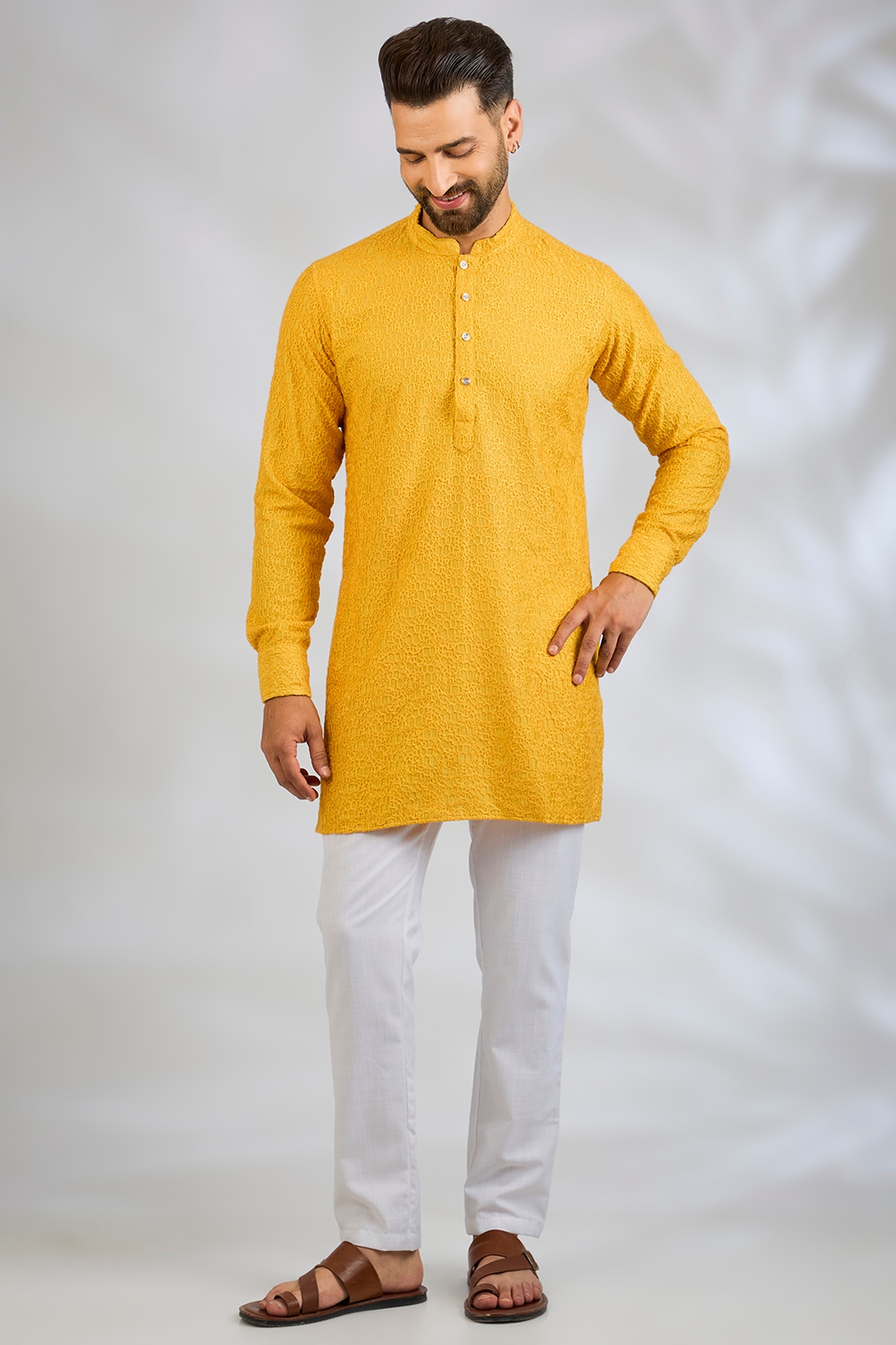 Spring Break Mustard Yellow Blended Silk Machine Embroidered Kurta Set