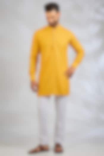 Mustard Yellow Blended Silk Machine Embroidered Kurta Set by Spring Break Men at Pernia's Pop Up Shop