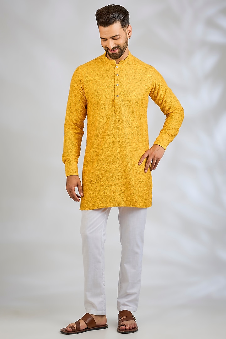 Mustard Yellow Blended Silk Machine Embroidered Kurta Set by Spring Break Men at Pernia's Pop Up Shop