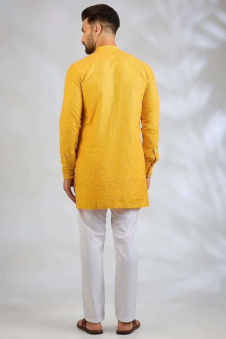 Mustard Yellow Blended Silk Machine Embroidered Kurta Set by Spring Break Men at Pernia's Pop Up Shop