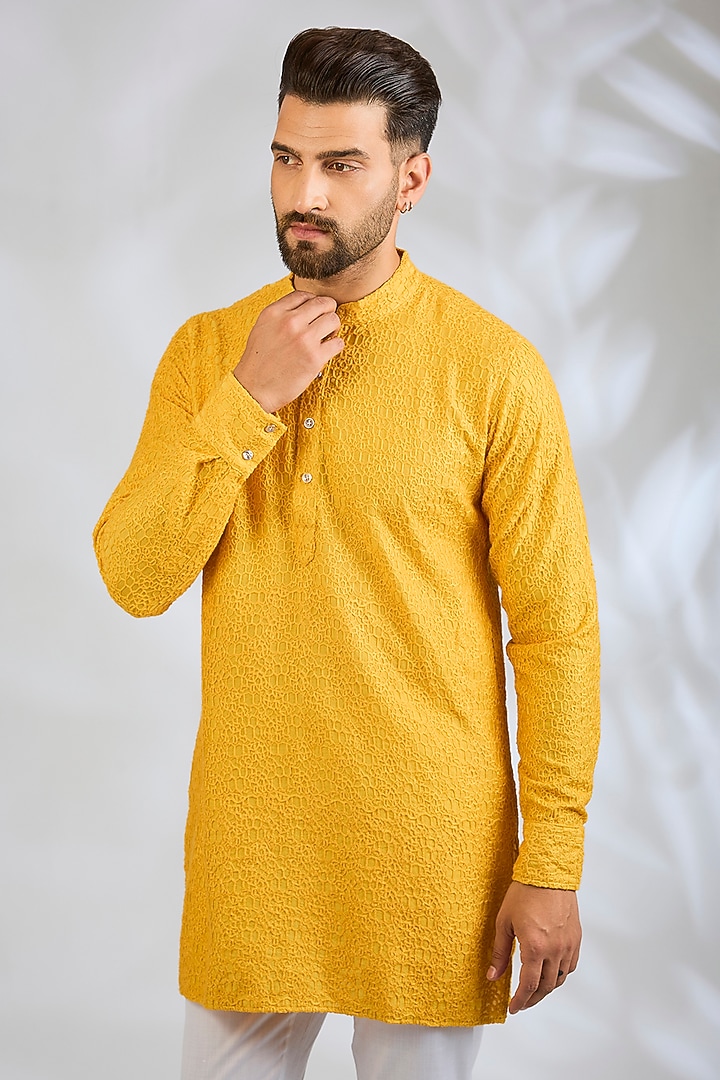 Mustard Yellow Blended Silk Machine Embroidered Kurta Set by Spring Break Men at Pernia's Pop Up Shop