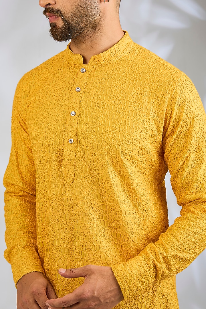 Mustard Yellow Blended Silk Machine Embroidered Kurta Set by Spring Break Men at Pernia's Pop Up Shop
