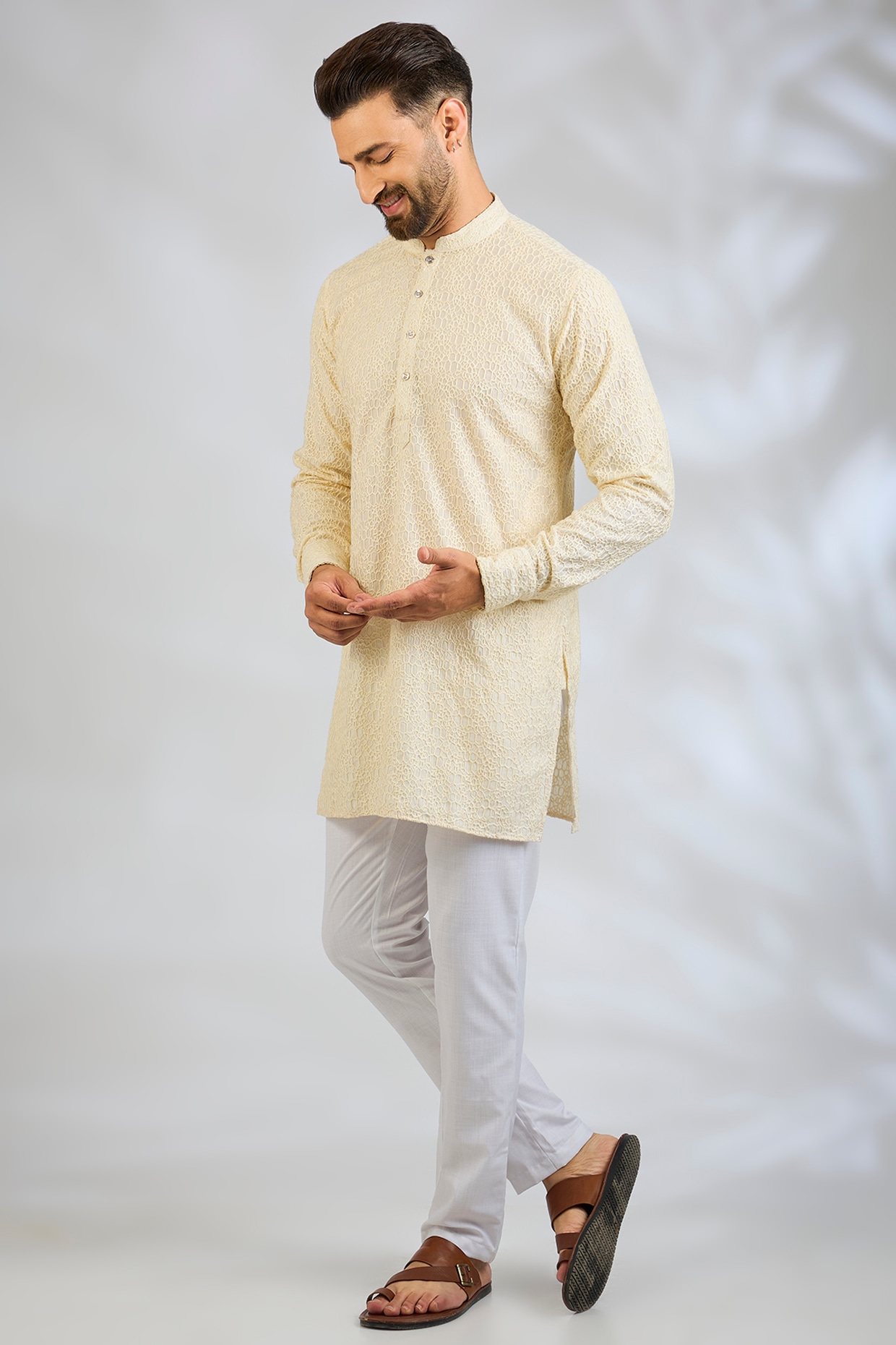 Spring Break Ivory Blended Silk Machine Embroidered Kurta Set