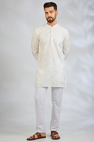 White Blended Silk Sequin Embroidered Kurta Set by Spring Break Men