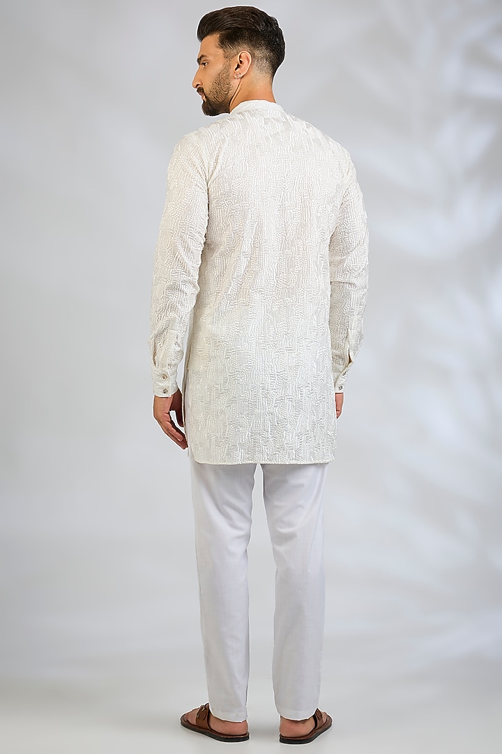 White Blended Silk Sequin Embroidered Kurta Set by Spring Break Men at Pernia's Pop Up Shop