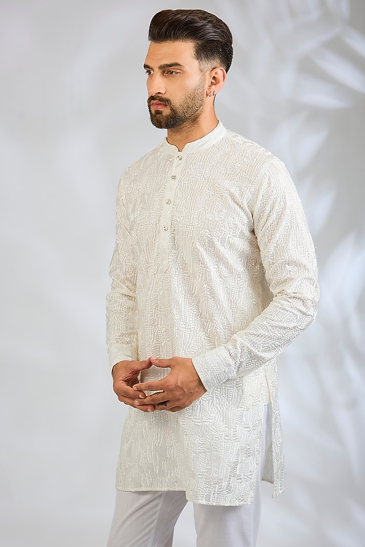White Blended Silk Sequin Embroidered Kurta Set by Spring Break Men at Pernia's Pop Up Shop