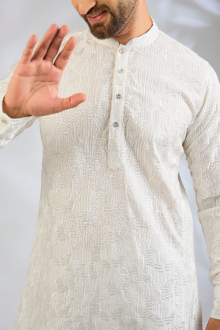 White Blended Silk Sequin Embroidered Kurta Set by Spring Break Men at Pernia's Pop Up Shop