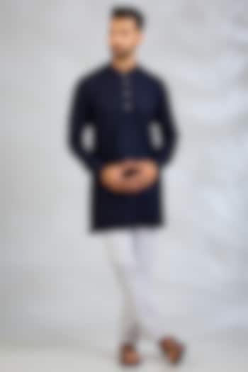 Navy Blue Blended Silk Machine Embroidered Kurta Set by Spring Break Men at Pernia's Pop Up Shop