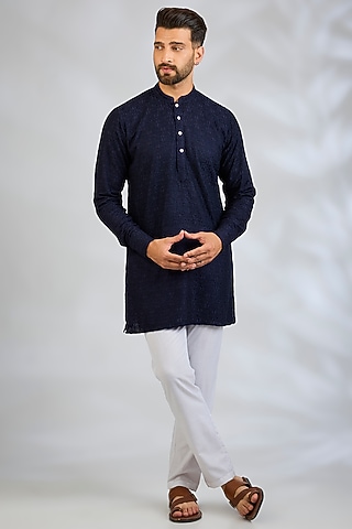Navy Blue Blended Silk Machine Embroidered Kurta Set by Spring Break Men