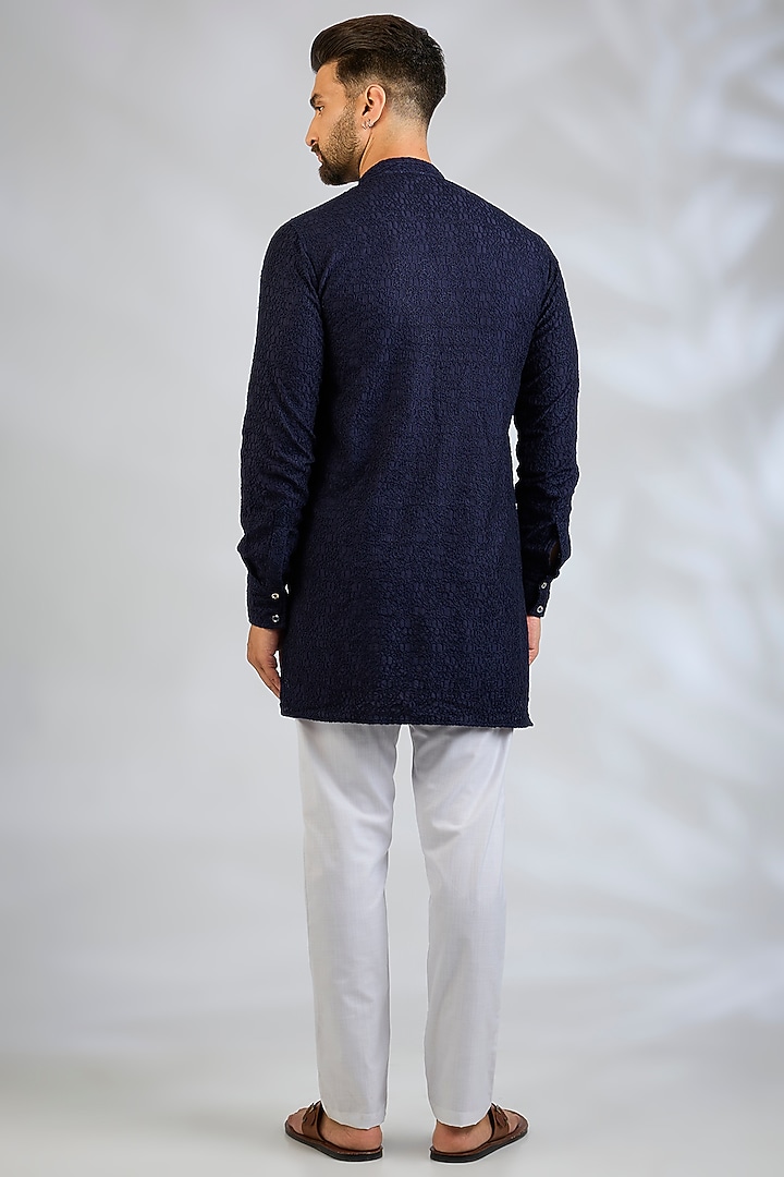 Navy Blue Blended Silk Machine Embroidered Kurta Set by Spring Break Men at Pernia's Pop Up Shop