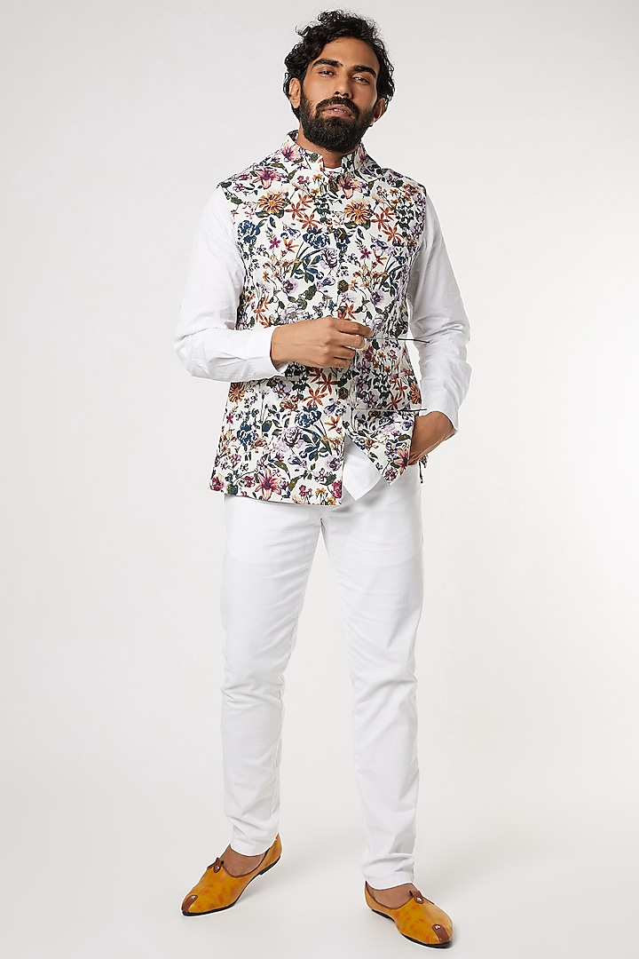 White Floral Printed Bundi Jacket by Spring Break Men
