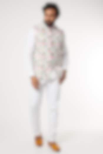 White Digital Floral Printed Bundi Jacket by Spring Break Men