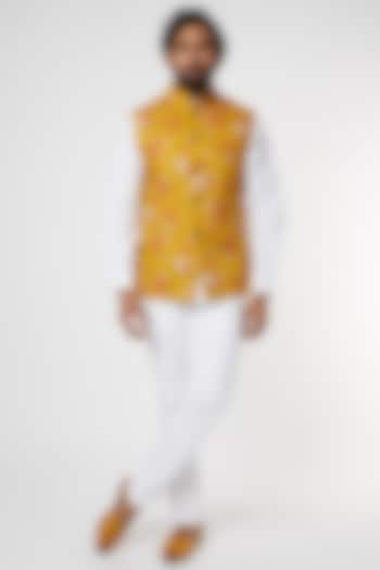 Mustard Floral Printed Bundi Jacket by Spring Break Men at Pernia's Pop Up Shop