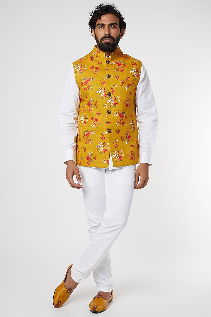 Mustard Floral Printed Bundi Jacket by Spring Break Men at Pernia's Pop Up Shop