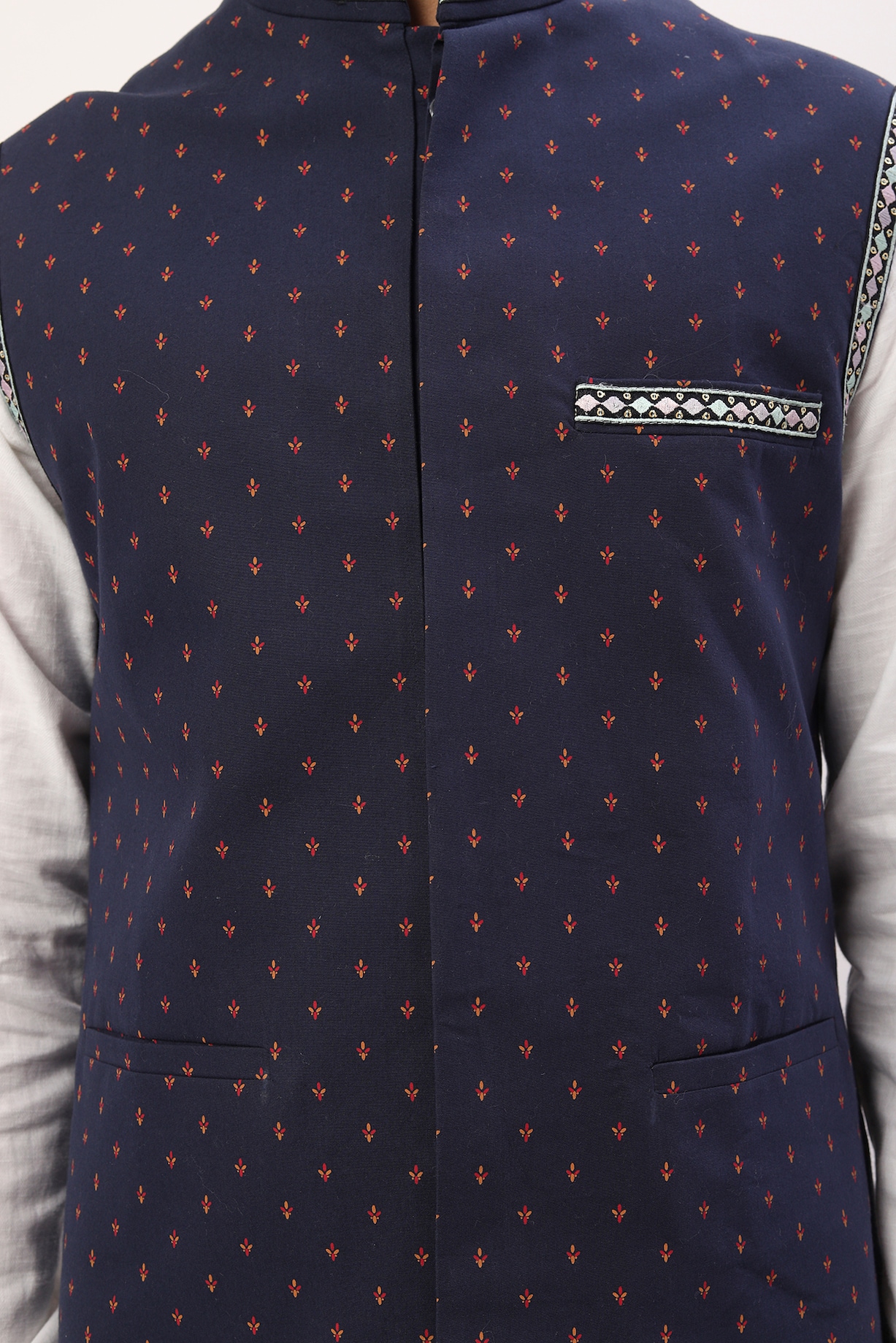 Navy Blue Printed Bundi Jacket With Kurta Set by Spring Break Men