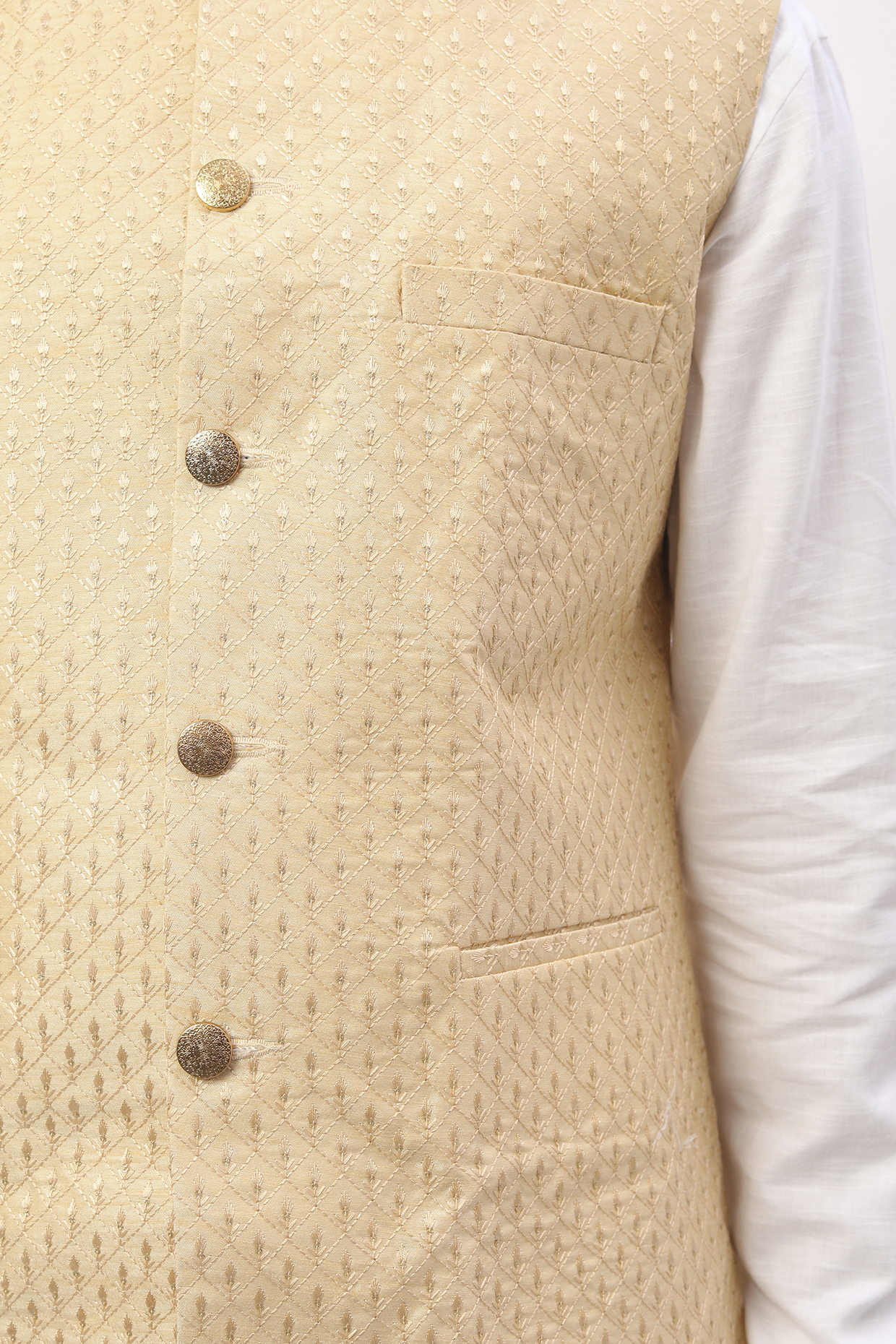 Yellow Jacquard Bundi Jacket With Kurta Set by Spring Break Men