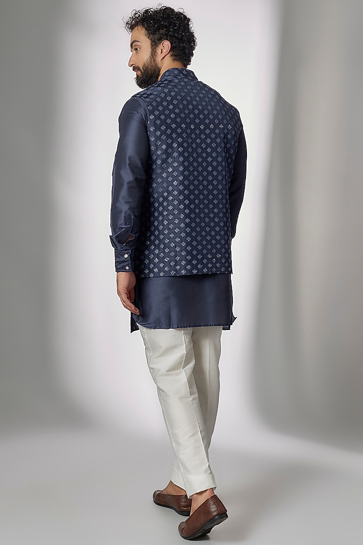 Navy Blue Dupion Silk Embroidered Nehru Jacket Set by Spring Break Men at Pernia's Pop Up Shop