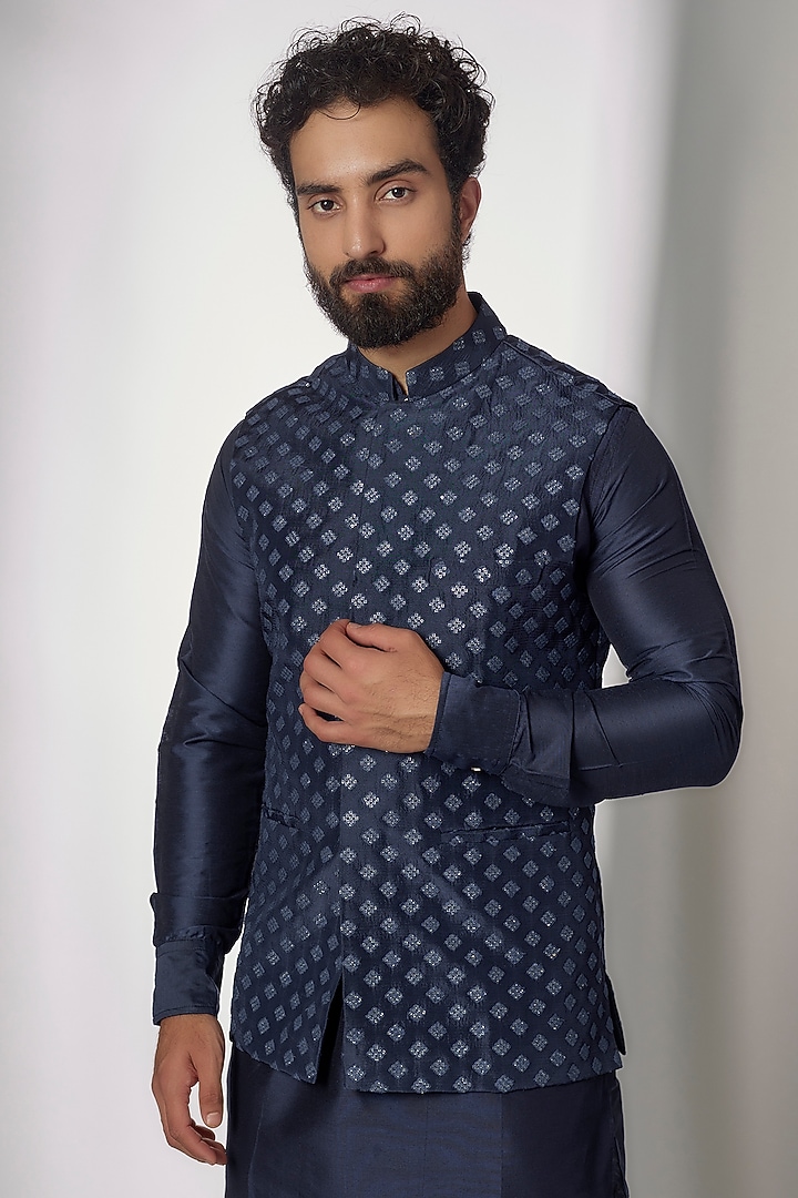 Navy Blue Dupion Silk Embroidered Nehru Jacket Set by Spring Break Men at Pernia's Pop Up Shop