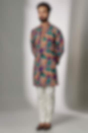 Multi-Colored Rayon Printed & Embroidered Kurta Set by Spring Break Men