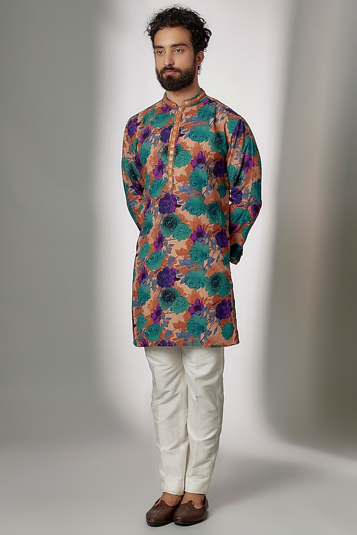 Multi-Colored Rayon Printed & Embroidered Kurta Set by Spring Break Men