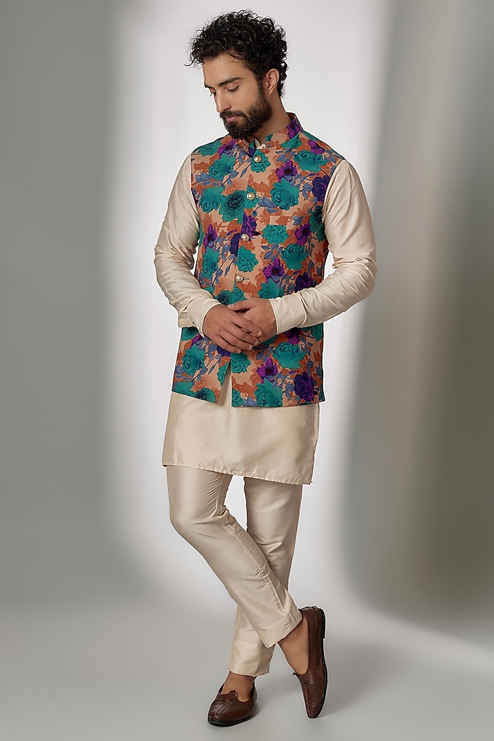 Multi-Colored Rayon Printed Bundi Jacket Set by Spring Break Men