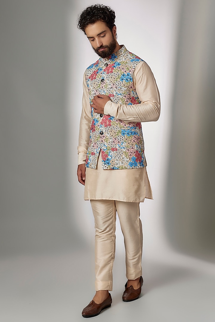 Multi-Colored Rayon Printed Bundi Jacket Set by Spring Break Men