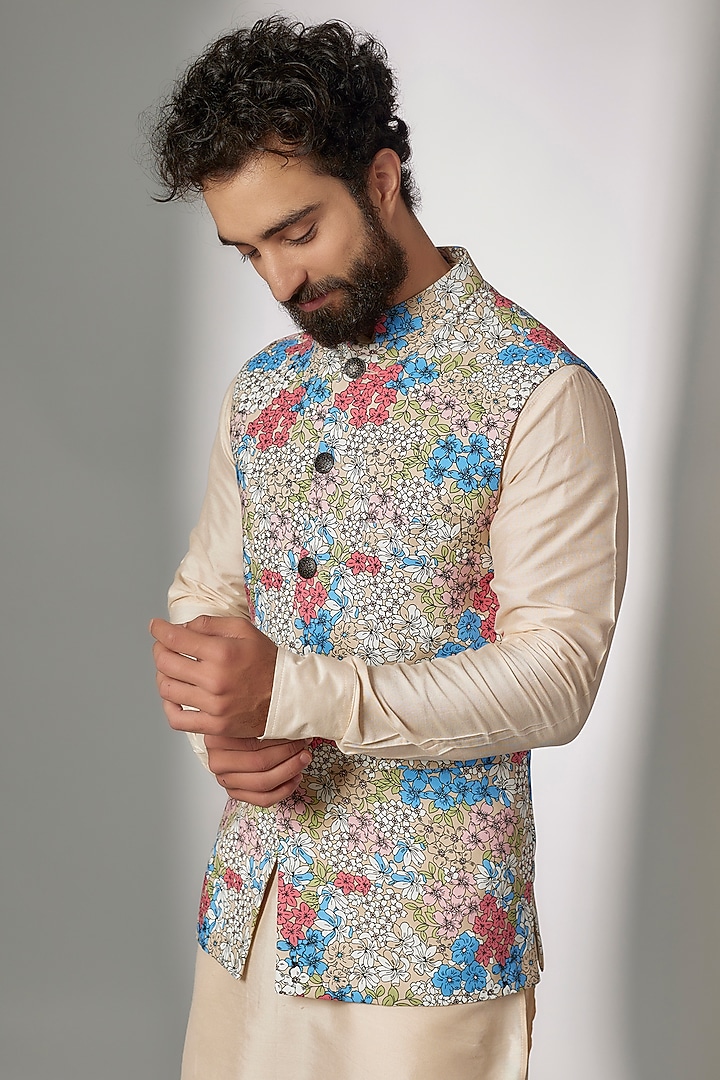Multi-Colored Rayon Printed Bundi Jacket Set by Spring Break Men at Pernia's Pop Up Shop