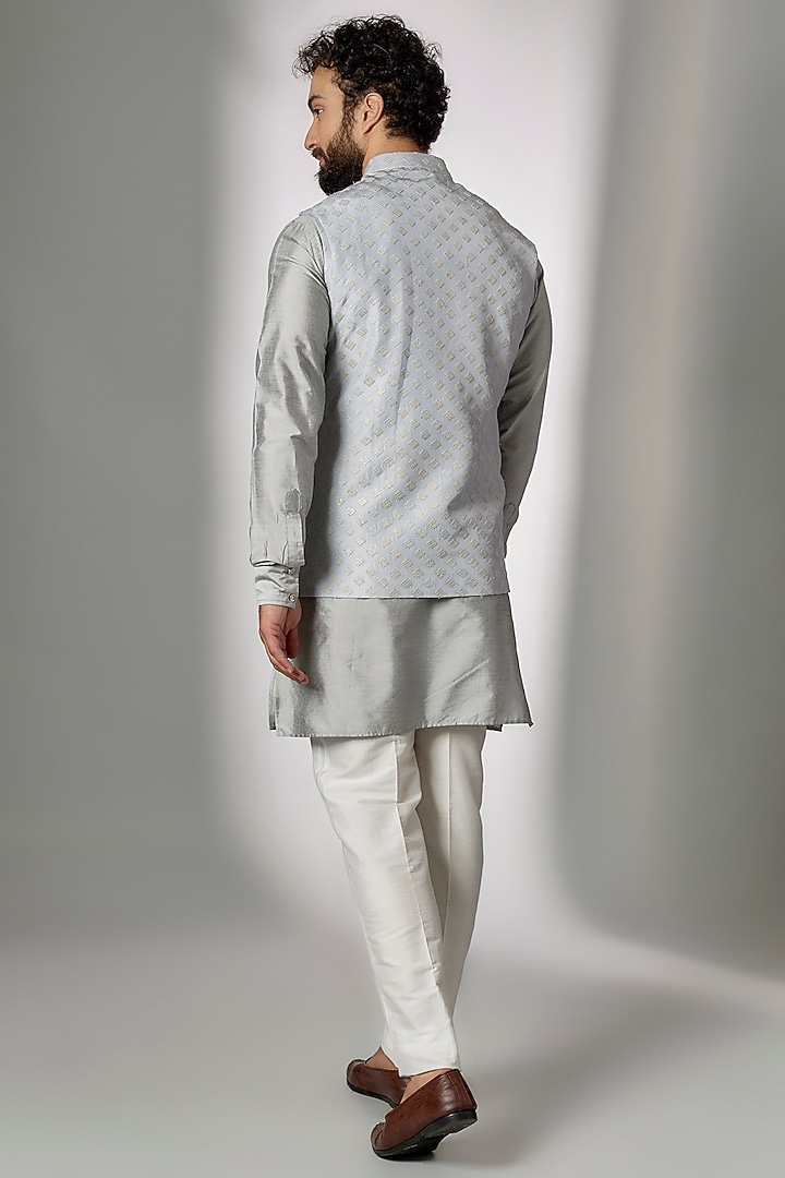 Grey Dupion Silk Embroidered Nehru Jacket Set by Spring Break Men at Pernia's Pop Up Shop