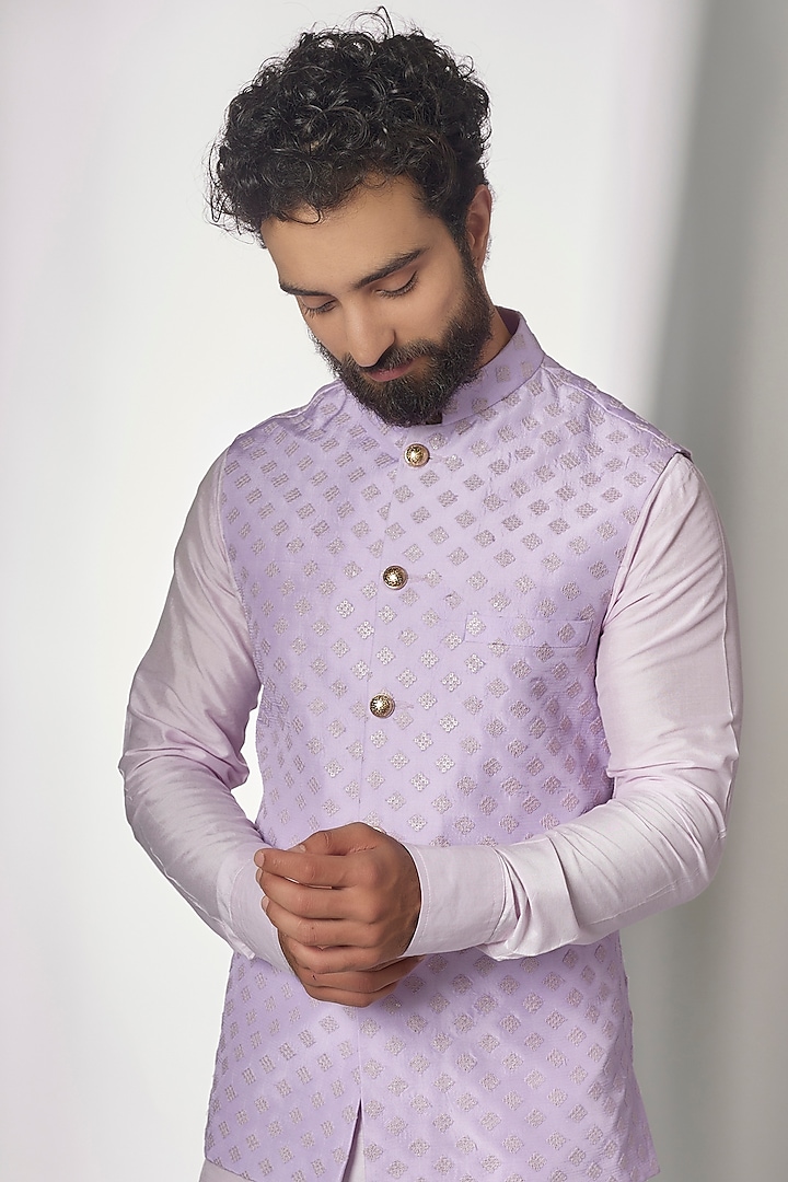 Lilac Dupion Silk Embroidered Nehru Jacket Set by Spring Break Men at Pernia's Pop Up Shop