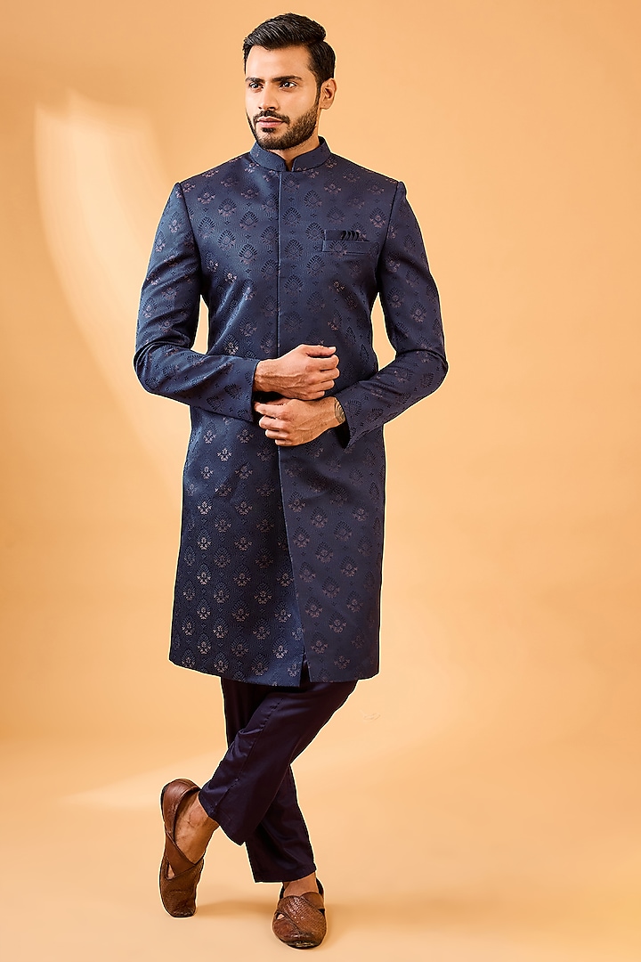 Navy Blue Cotton Silk Floral Motif Embroidered Wedding Sherwani Set by Spring Break Men at Pernia's Pop Up Shop