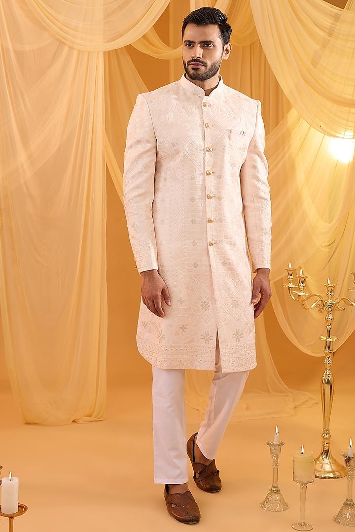 Light Pink Viscose Lucknowi Embroidered Wedding Sherwani Set by Spring Break Men at Pernia's Pop Up Shop