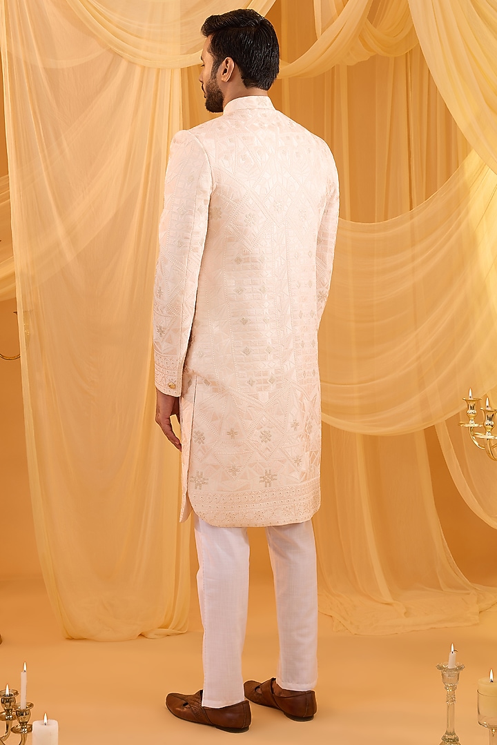 Light Pink Viscose Lucknowi Embroidered Wedding Sherwani Set by Spring Break Men at Pernia's Pop Up Shop
