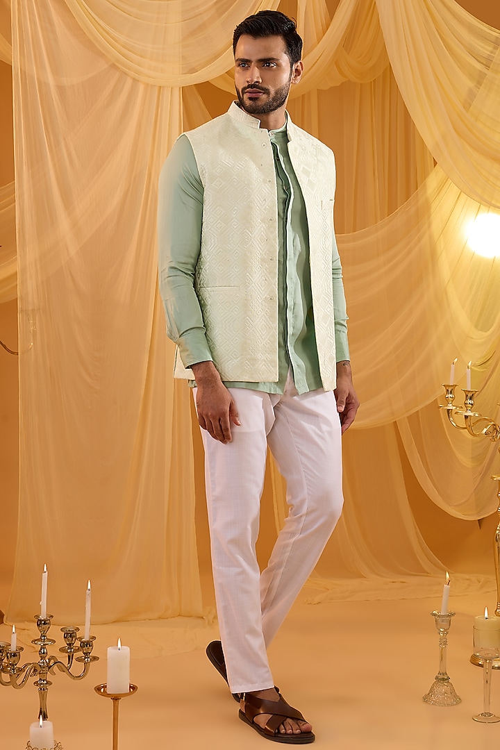 Mint Green Dupion Silk Indo-Western Set by Spring Break Men