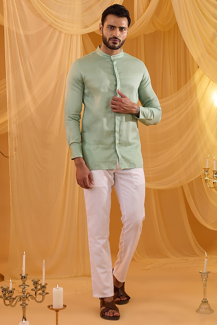 Mint Green Dupion Silk Indo-Western Set by Spring Break Men at Pernia's Pop Up Shop