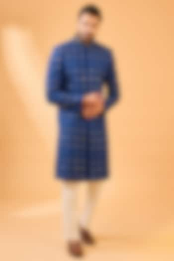 Navy Blue & Gold Viscose Wedding Sherwani Set by Spring Break Men at Pernia's Pop Up Shop