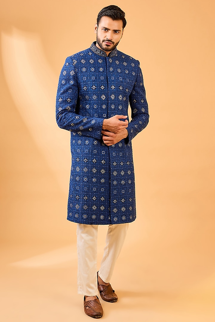 Navy Blue & Gold Viscose Wedding Sherwani Set by Spring Break Men at Pernia's Pop Up Shop